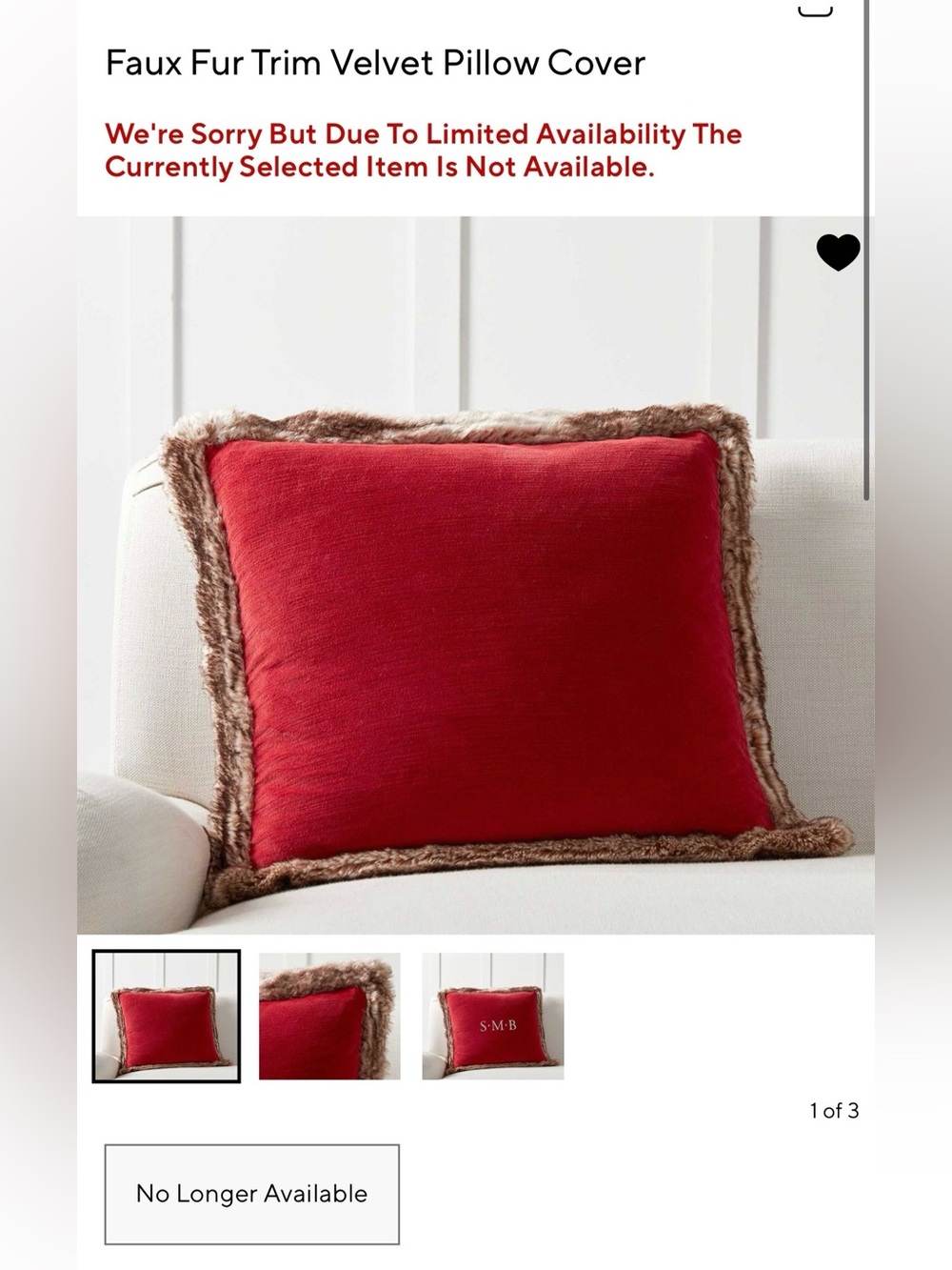 New HTF Pottery Barn Faux Fur Trimmed Velvet Pillow Cover, Red, 20”
